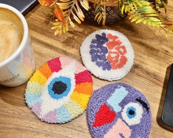 Evil eye punch needle coasters Set of 3 , Handmade Mug Rug , Drink Coasters , Tufted Coasters , Kitchen decor , housewarming gift