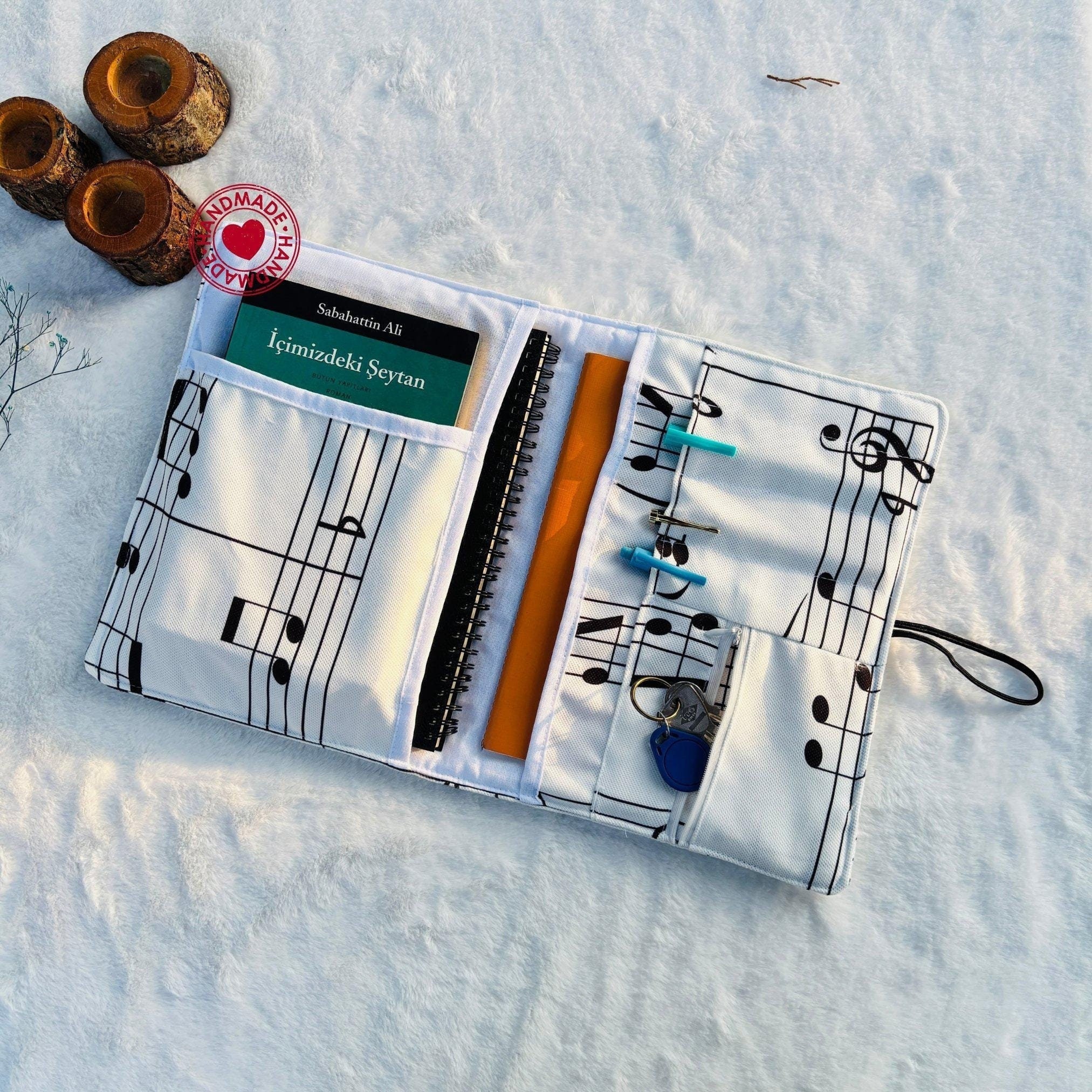 Musical Notes Book Sleeve with Pockets, Musician Journal and Organizer, Handmade Book Purse, Music Teacher Gifts, Reading Accessories gift
