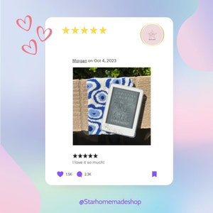 May include: A blue and white crocheted book sleeve with a Kindle e-reader on top. The Kindle is displaying the cover of the book "The True Love Experiment" by Christina Lauren.