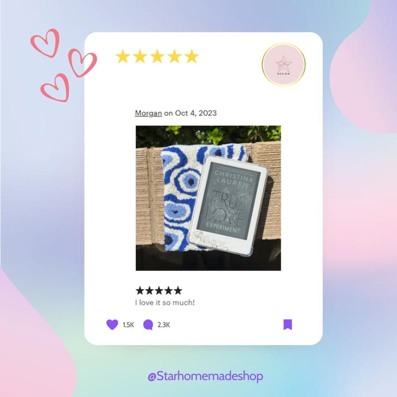 May include: A blue and white crocheted book sleeve with a Kindle e-reader on top. The Kindle is displaying the cover of the book "The True Love Experiment" by Christina Lauren.