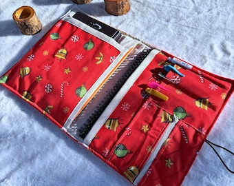 Christmas Double Book bag with Pockets, Santa bookish merch, fabric book cover, Padded Kindle case, Reading Accessories, Bookish Gifts