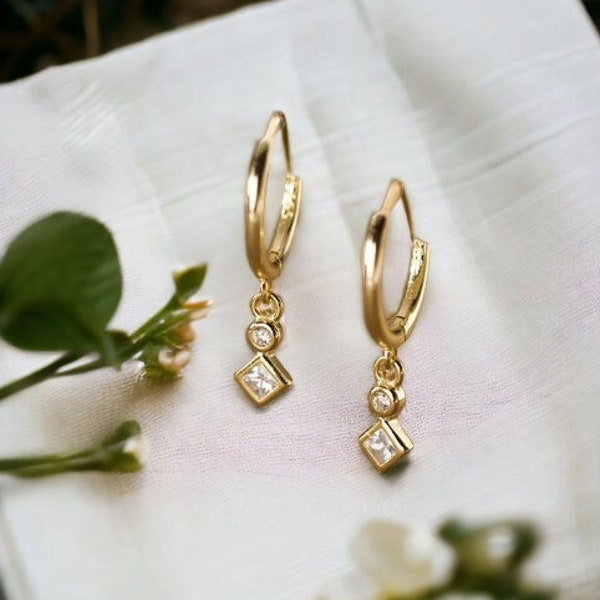 Tiny Charm Hoop Earrings | Gold Hoop Earrings | Minimalist Dangle Hoop Earrings | Hoop Earrings With Charm |Sterling Silver Huggie Earrings