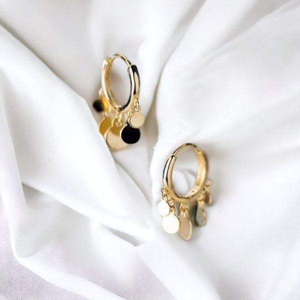 Gold Coin Charm Hoop Earrings | Small Dainty Huggie Hoop Earrings | Sterling Silver Minimalist Earrings | Dangle And Drop Earrings