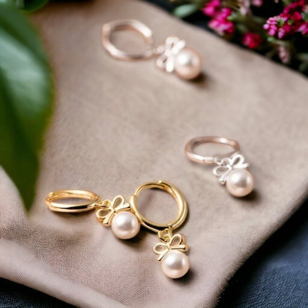 Cute Pearl Drop Earrings | Gold Pearl Drop Earrings |  Charm Gold Huggies Earrings | Sterling Silver Hoop Earrings | Wedding Pearl Earrings