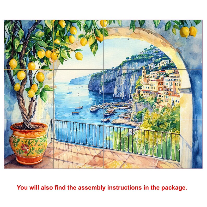 Italian Sorrento Coast CERAMIC Tile MURAL MOSAIC Italian Landscape Wall Art Lemon Wood Pattern Handmade Tiles Vintage Home Decor