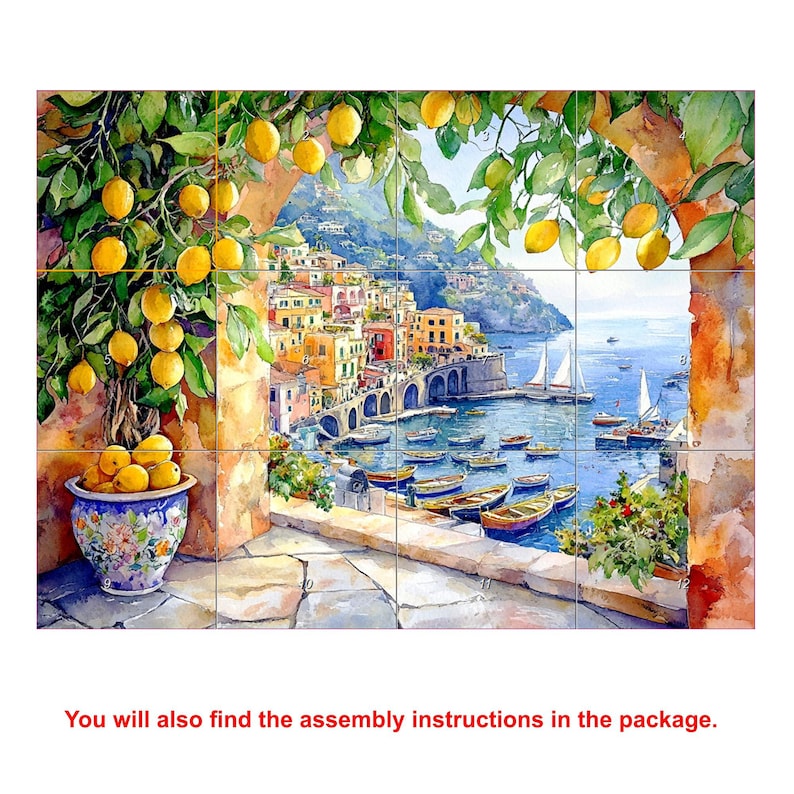 Amalfi Coast CERAMIC Tile MURAL MOSAIC Italian Landscape Italian Tiles Lemon Wood Pattern Handmade Tiles Landscape Art Vintage Home Decor