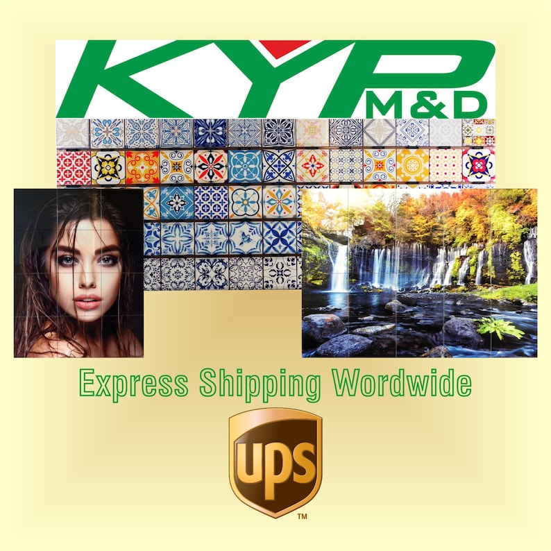 May include: A collage of images featuring a woman with long dark hair, a colorful tiled wall, and a waterfall in a forest setting. The text "KYP M&D" is displayed in green letters on a white background. The text "Express Shipping Wordwide" is displayed in black letters on a yellow background. The UPS logo is displayed in brown letters on a white background.