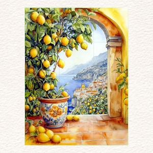Italian Ceramic TILE MURAL Tile MOSAIC Amalfi Coast Italian Landscape Lemon Wood Pattern Handmade Tiles Landscape Art Vintage Home Decor