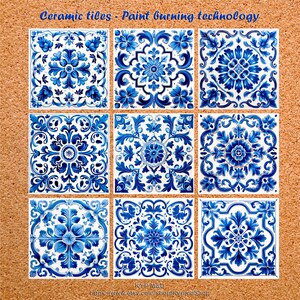 May include: Nine blue and white ceramic tiles with intricate floral patterns. The tiles are arranged in a 3x3 grid. The tiles are painted with a blue and white glaze and have a glossy finish. The tiles are perfect for adding a touch of traditional style to any home.