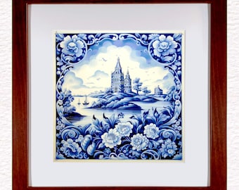 Delft Blue Ceramic Painting 20 Style Options: Vintage Dutch Art in Cherry Wood Frame