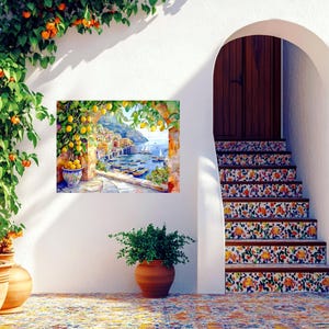 Amalfi Coast CERAMIC Tile MURAL MOSAIC Italian Landscape Italian Tiles Lemon Wood Pattern Handmade Tiles Landscape Art Vintage Home Decor