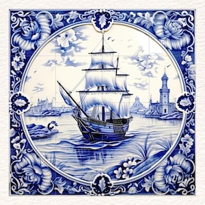 Peut inclure: Carreau de céramique carré avec une illustration d'un voilier sur l'eau, entouré d'une bordure florale bleue et blanche. Le navire a des voiles blanches et une coque bleu foncé, avec une ville côtière en arrière-plan.
