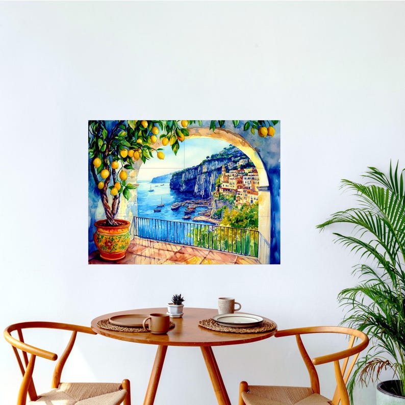 Italian Sorrento Coast CERAMIC Tile MURAL MOSAIC Italian Landscape Wall Art Lemon Wood Pattern Handmade Tiles Vintage Home Decor