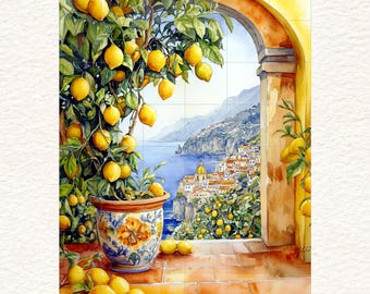 LARGE Italian Ceramic Tile Mural/Mosaic Two Sizes: Amalfi Coast Lemon Tree