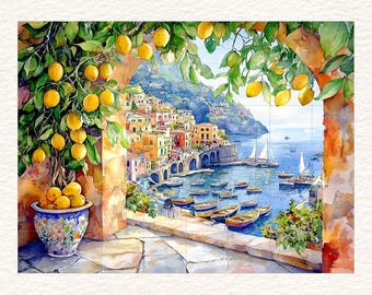 May include: A watercolor painting of a coastal Italian village with colorful buildings, a blue harbor filled with small boats, and a stone terrace in the foreground featuring a large decorative ceramic pot overflowing with bright yellow lemons.