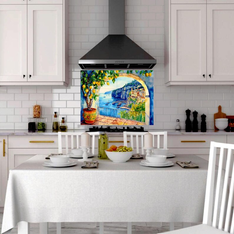 Italian Sorrento Coast CERAMIC Tile MURAL MOSAIC Italian Landscape Wall Art Lemon Wood Pattern Handmade Tiles Vintage Home Decor