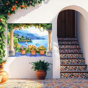 Italian Lake Como Large CERAMIC TILE MURAL Tile Mosaic Italian Landscape Ceramic Wall Art Vintage Home Decor Handmade Mosaic Landscape Art