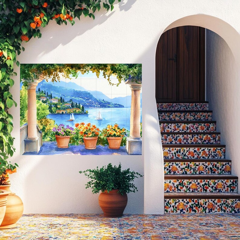 Italian Lake Como Large CERAMIC TILE MURAL Tile Mosaic Italian Landscape Ceramic Wall Art Vintage Home Decor Handmade Mosaic Landscape Art
