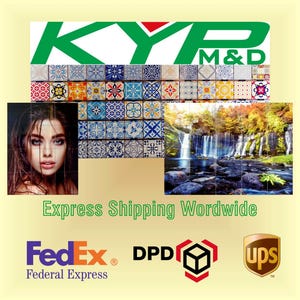 Puede incluir: Un collage de im&aacute;genes que presenta a una mujer, una cascada y una variedad de azulejos coloridos. El texto "Express Shipping Worldwide" se muestra debajo de las im&aacute;genes, junto con los logotipos de FedEx, DPD y UPS.