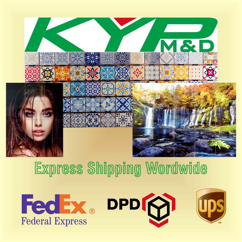 Puede incluir: Un collage de im&aacute;genes que presenta a una mujer, una cascada y una variedad de azulejos coloridos. El texto "Express Shipping Worldwide" se muestra debajo de las im&aacute;genes, junto con los logotipos de FedEx, DPD y UPS.