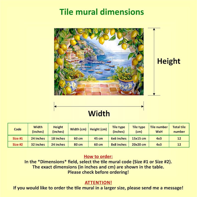 May include: A table showing the dimensions of a tile mural in inches and centimeters. The mural depicts a colorful scene of a seaside town with lemon trees. The table includes the tile type, tile number, and total tile number.