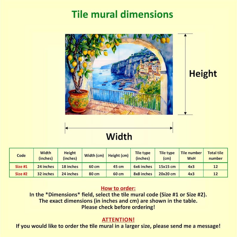 Italian Sorrento Coast CERAMIC Tile MURAL MOSAIC Italian Landscape Wall Art Lemon Wood Pattern Handmade Tiles Vintage Home Decor