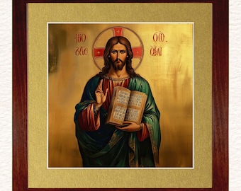 Jesus Christ Pantokrator Ceramic Icon Painting: Greek Orthodox Art, Cherry Wood Frame