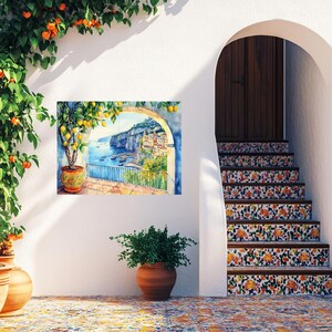 Italian Sorrento Coast CERAMIC Tile MURAL MOSAIC Italian Landscape Wall Art Lemon Wood Pattern Handmade Tiles Vintage Home Decor