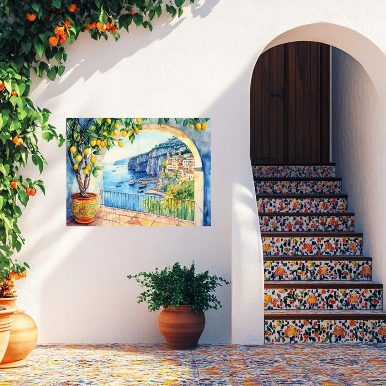 Italian Sorrento Coast CERAMIC Tile MURAL MOSAIC Italian Landscape Wall Art Lemon Wood Pattern Handmade Tiles Vintage Home Decor