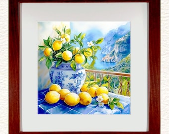 Amalfi Coast Ceramic Painting 10 Style Options: Italian Mediterranean Decor, Cherry Wood Frame