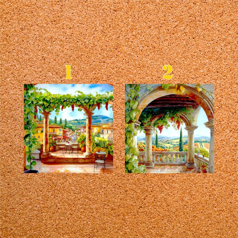 May include: Two watercolor paintings of Italian scenes. One shows a terrace with a table and chairs, grape vines, and a view of a town. The other depicts an arched balcony with grape vines, columns, and a view of rolling hills.