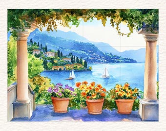 Italian Lake Como CERAMIC TILE MURAL Tile Mosaic Italian Landscape Ceramic Wall Art Vintage Home Decor Handmade Mosaic Landscape Art