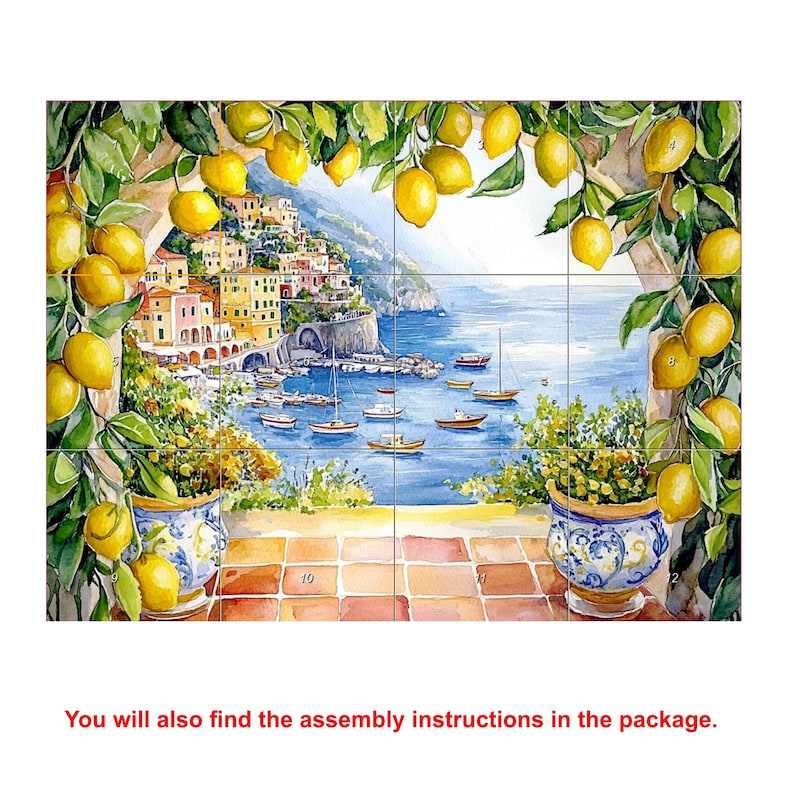 Italian CERAMIC Tile MURAL MOSAIC Amalfi Coast Italian Landscape Lemon Wood Pattern Handmade Tiles Landscape Art Vintage Home Decor