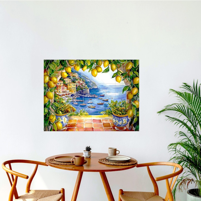 Italian CERAMIC Tile MURAL MOSAIC Amalfi Coast Italian Landscape Lemon Wood Pattern Handmade Tiles Landscape Art Vintage Home Decor
