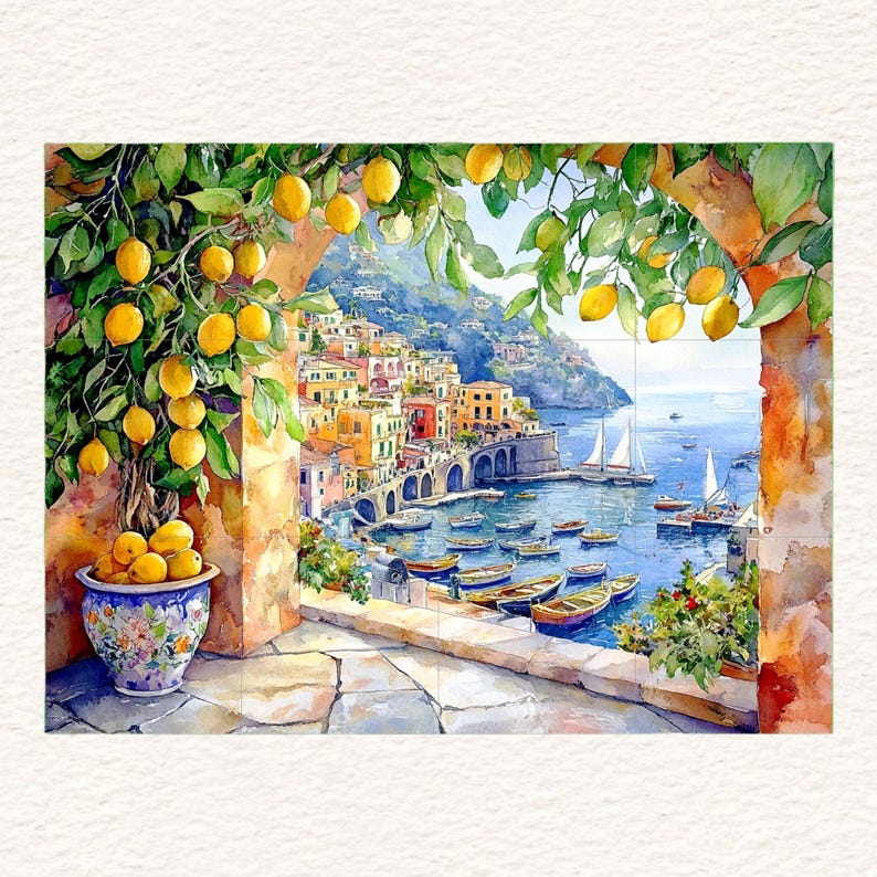Amalfi Coast CERAMIC Tile MURAL MOSAIC Italian Landscape Italian Tiles Lemon Wood Pattern Handmade Tiles Landscape Art Vintage Home Decor
