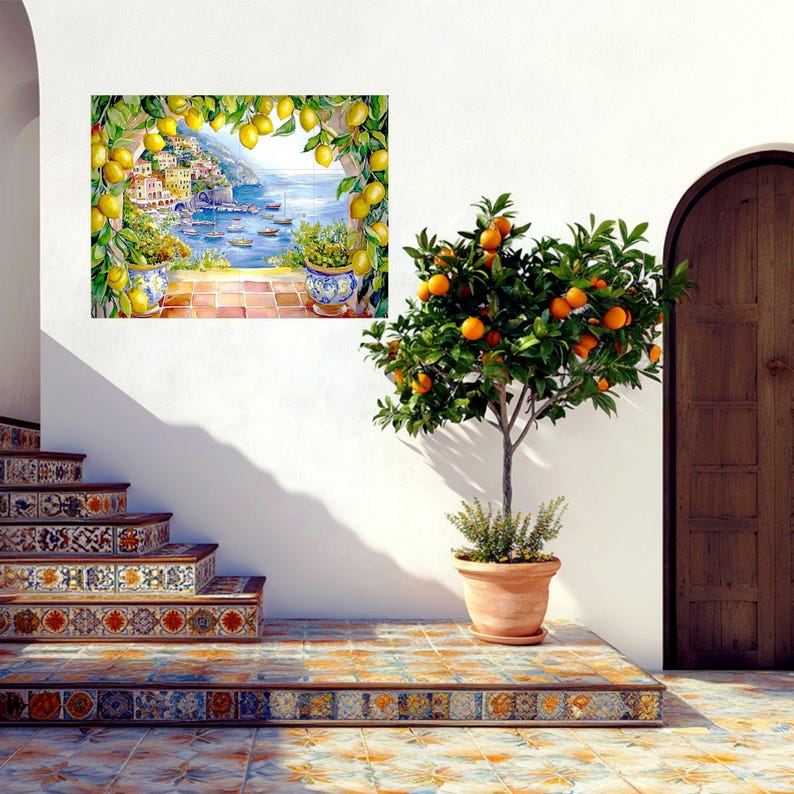 Italian CERAMIC Tile MURAL MOSAIC Amalfi Coast Italian Landscape Lemon Wood Pattern Handmade Tiles Landscape Art Vintage Home Decor