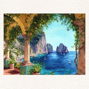 May include: Watercolor painting of a coastal Italian scene. Arched columns with climbing vines frame a view of the sea, cliffs, and boats. Potted plants with yellow flowers sit on a tiled balcony. The sky is a clear blue.