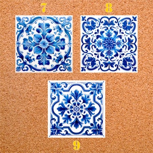 May include: Three blue and white ceramic tiles with intricate floral patterns. The tiles are arranged in a row, with the top two tiles numbered 7 and 8, and the bottom tile numbered 9.