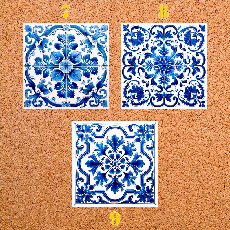 May include: Three blue and white ceramic tiles with intricate floral patterns. The tiles are arranged in a row, with the top two tiles numbered 7 and 8, and the bottom tile numbered 9.