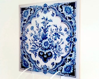 Packung mit 5 holländischen Keramikfliesen im Delfter Blau-Stil, Retro-Mid-Century-Fliesenkunstmotive, glänzende Wandfliesen, Küchendekor, blau-weiße Fliesen