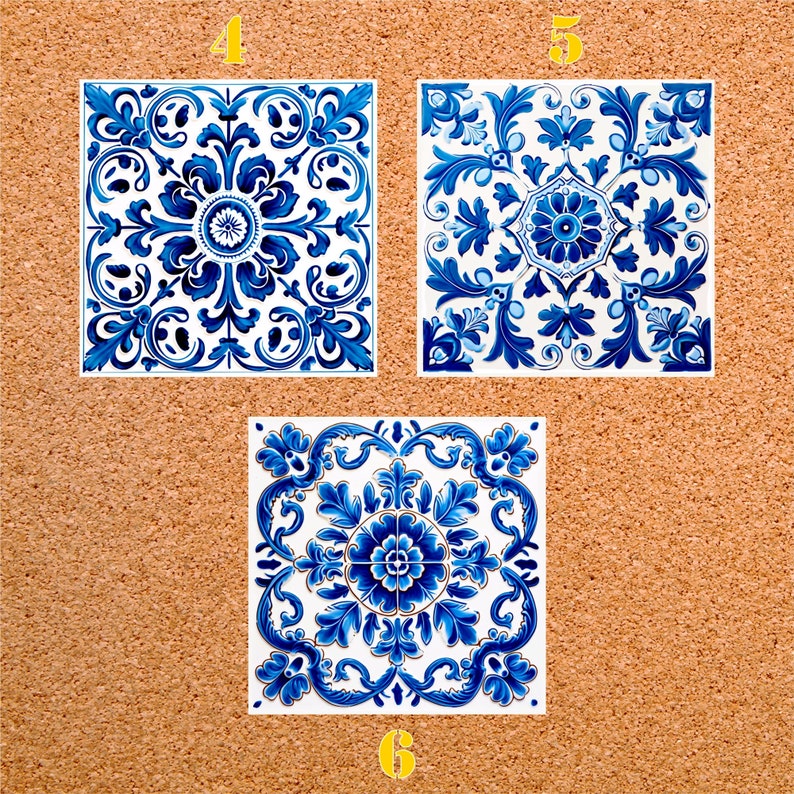 May include: Three blue and white patterned ceramic tiles with intricate floral designs. The tiles are arranged in a vertical row with the top tile labeled "4", the middle tile labeled "6", and the bottom tile labeled "5".