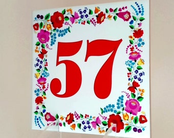 HOUSE NUMBER Hungarian with KALOCSA pattern Ceramic Tile Rustic Hungarian unique number  House number sign outdoor housewarming gift