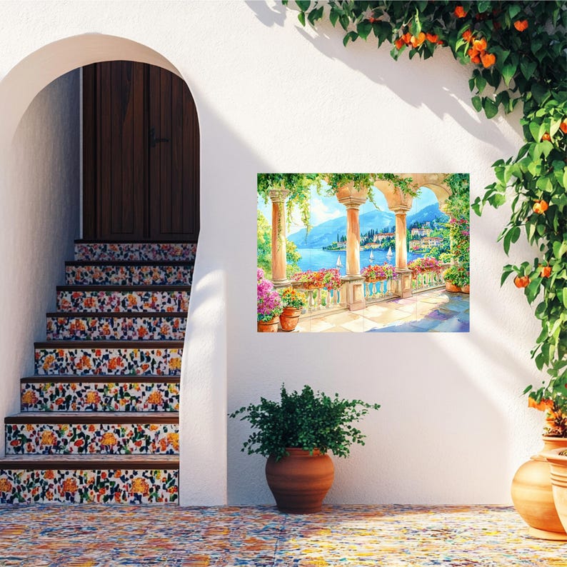 Lake Como Italy CERAMIC TILE MURAL Tile Mosaic Italian Landscape Ceramic Wall Art Vintage Home Decor Handmade Mosaic Landscape Art