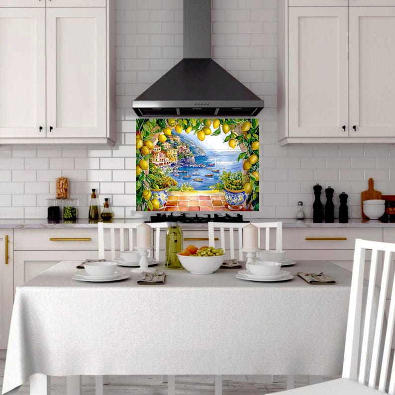 Italian CERAMIC Tile MURAL MOSAIC Amalfi Coast Italian Landscape Lemon Wood Pattern Handmade Tiles Landscape Art Vintage Home Decor