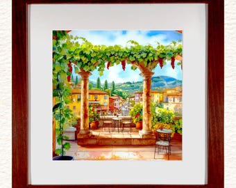 Tuscany Ceramic Painting 2 Style Options - Italian Landscape Art, Cherry Wood Frame