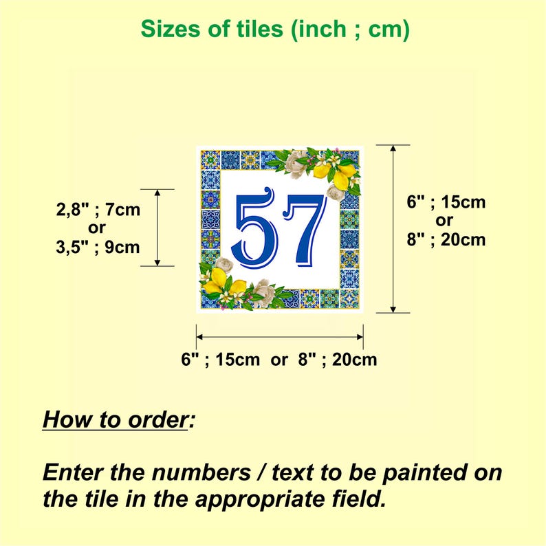 May include: A white ceramic tile with a blue and white mosaic border. The tile has a blue number 57 in the center and is decorated with lemons and flowers. The tile is available in two sizes: 6 inches (15 cm) or 8 inches (20 cm).