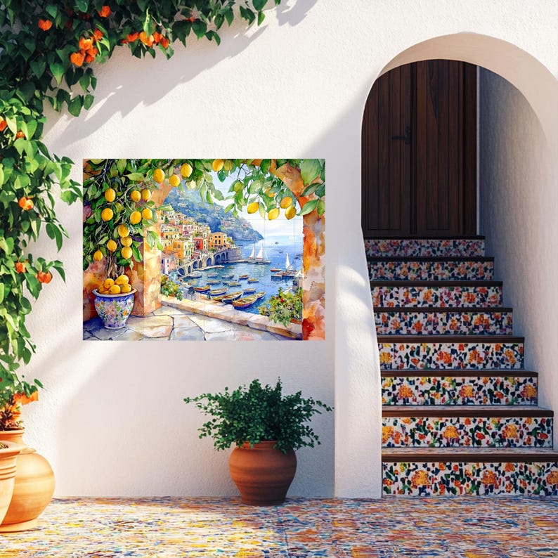 Amalfi Coast Large CERAMIC Wall MURAL Tile MOSAIC Italian Landscape Art Lemon Wood Extra Large Wall Art Landscape Art Vintage Home Decor