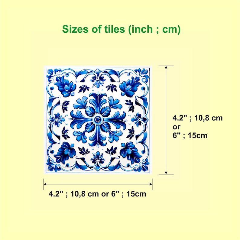 May include: A blue and white patterned tile with a floral design. The tile measures 4.2 inches by 4.2 inches or 10.8 centimeters by 10.8 centimeters.