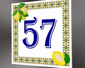 Sicilian Lemon Ceramic House Number Sign: Italian Style Tile, Custom Door Plate
