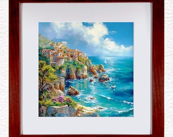 Sicilian Ceramic Painting 10 Style Options: Mediterranean Home Decor in Cherry Wood Frame